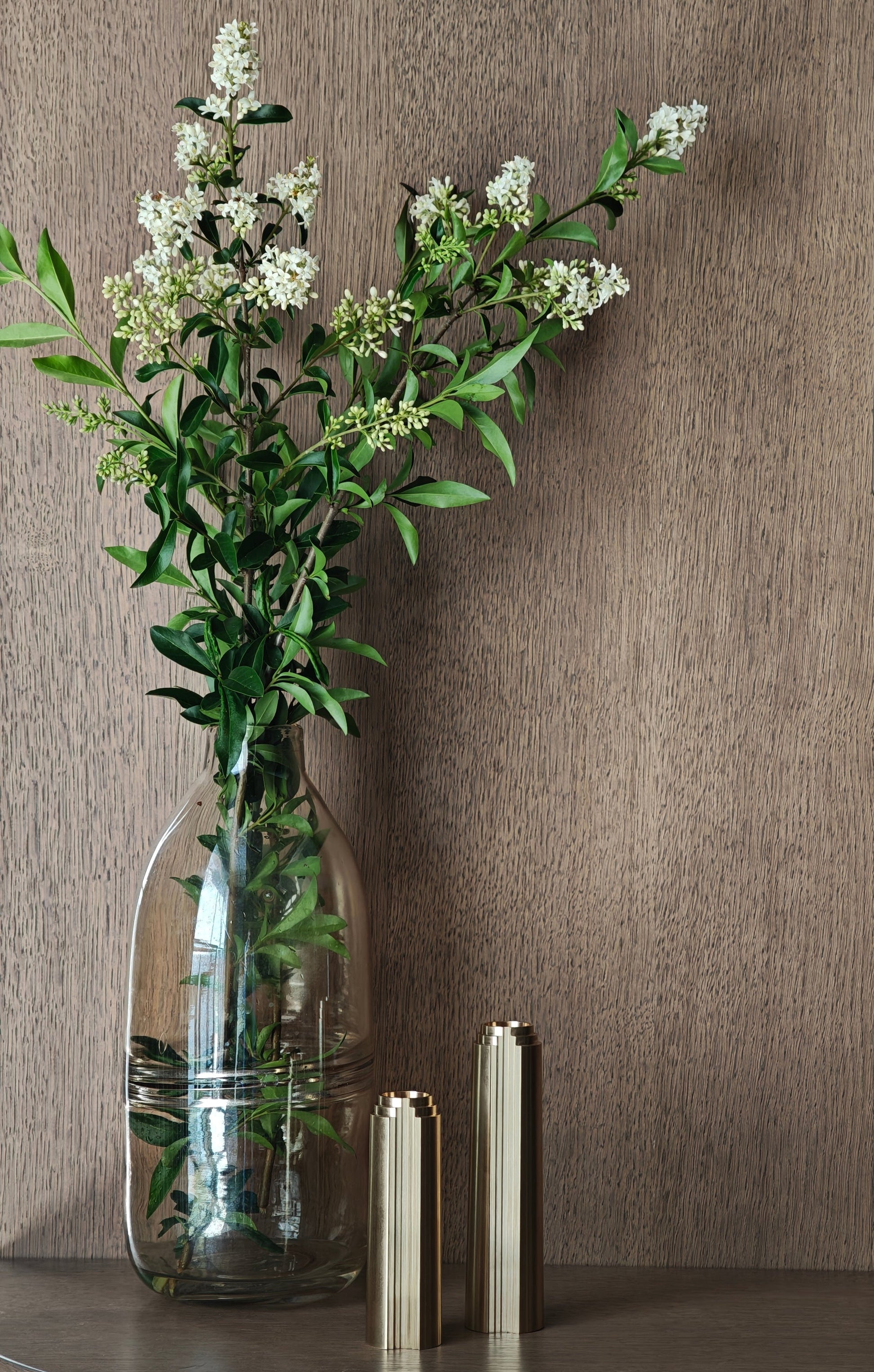 Clear glass vase with greenery against a brown textured wall